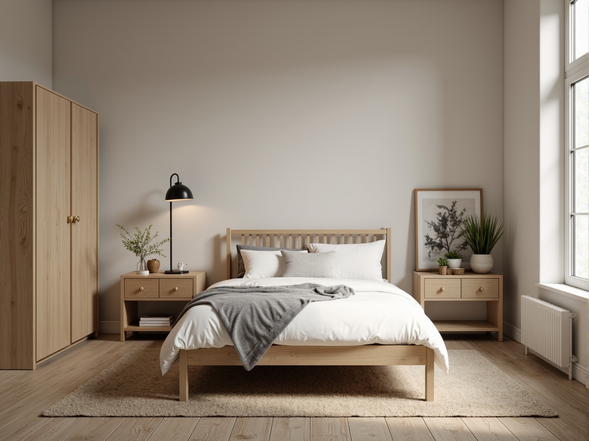 Prompt: Monochromatic dorm room, minimalist decor, soft beige walls, light wood furniture, simple bed frame, crisp white bedding, subtle gray accents, industrial metal lamps, natural fiber rugs, calm atmosphere, warm softbox lighting, shallow depth of field, 1/1 composition, realistic textures, ambient occlusion.