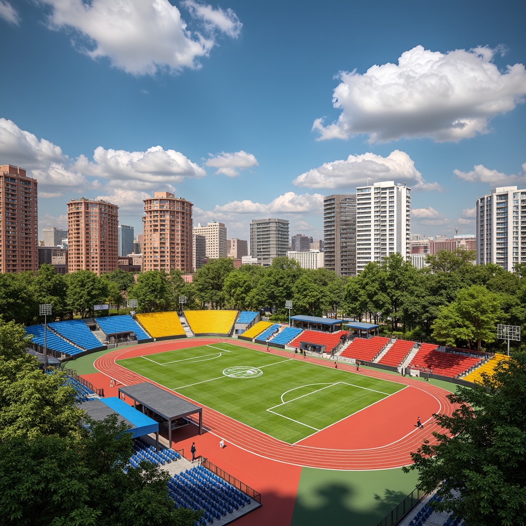 Prompt: Vibrant sports fields, eclectic mix of materials, bold color blocking, dynamic shapes, abstract patterns, modernist architecture, functional zones, athletic tracks, soccer goals, basketball courts, tennis nets, spectator seating, shaded areas, natural grass, artificial turf, urban landscape, city skyline, sunny day, dramatic lighting, high contrast, 1/2 composition, wide-angle lens, realistic textures, ambient occlusion.