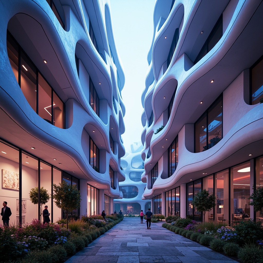 Prompt: Organic blob-shaped buildings, futuristic facade design, iridescent colors, glossy finishes, undulating curves, parametric architecture, algorithmic patterns, LED lighting installations, neon accents, translucent materials, 3D-printed components, cantilevered structures, asymmetrical compositions, abstract shapes, sci-fi ambiance, misty atmosphere, soft focus, shallow depth of field, 1/1 composition, cinematic view.