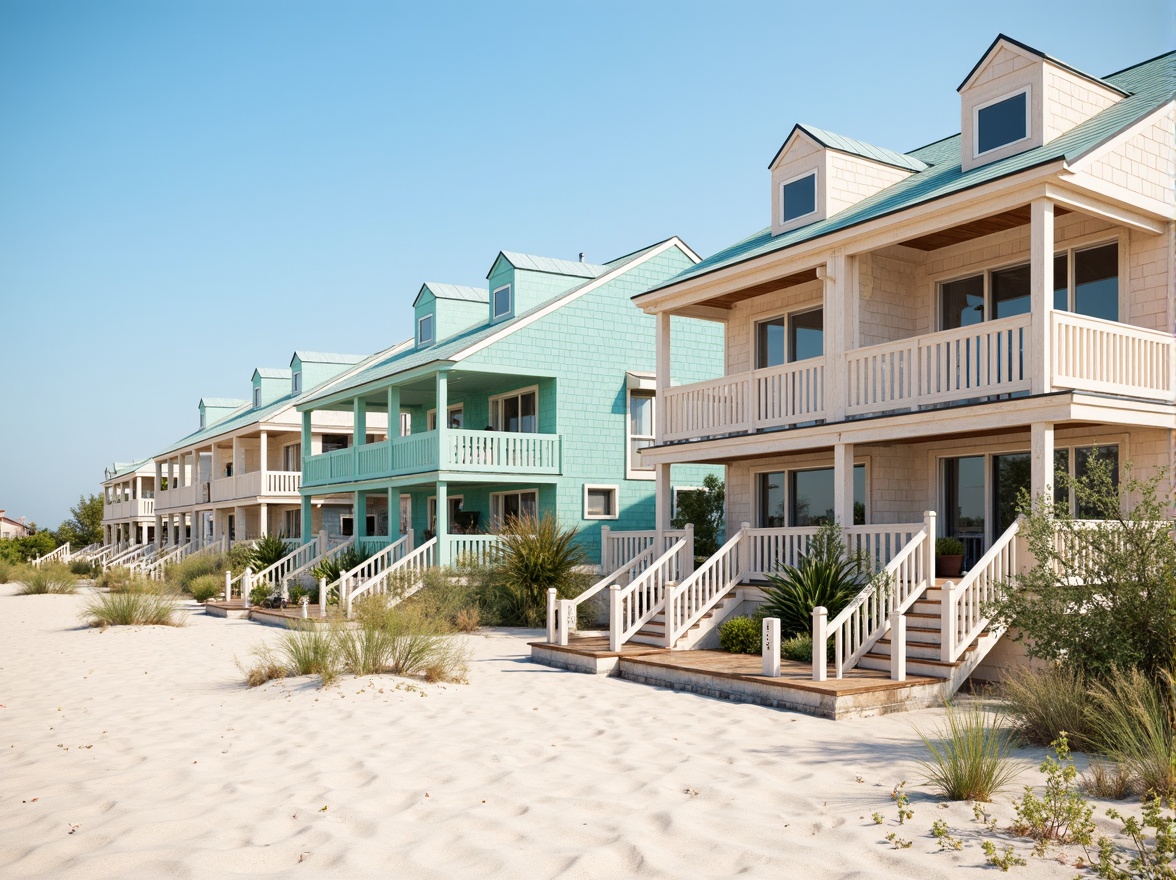 Prompt: Sandy beachside, oceanfront villas, pastel-colored facades, driftwood accents, sea-salt weathered roofs, nautical-themed decorations, calming turquoise hues, soft peach tones, creamy whites, warm beige textures, natural stone foundations, rustic wooden decks, sailboat-inspired railings, seaside promenades, gentle ocean breezes, warm sunny days, shallow depth of field, 1/1 composition, realistic renderings, ambient occlusion.