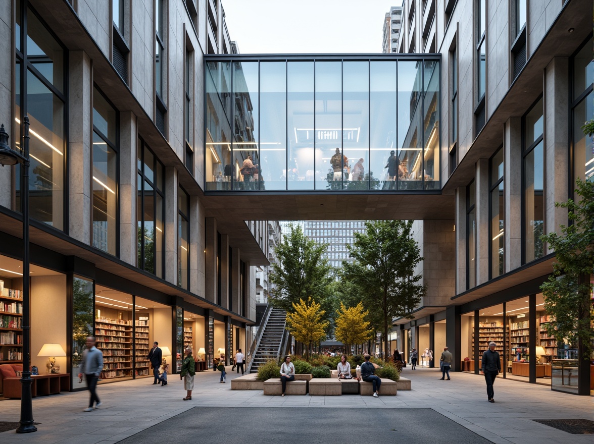 Prompt: Modern international style library, sleek glass facade, minimalist architecture, rectangular shapes, clean lines, neutral color palette, natural stone walls, metal frames, large windows, sliding doors, open atrium, grand staircase, comfortable reading areas, cozy study nooks, warm lighting, soft shadows, 1/1 composition, realistic textures, ambient occlusion, urban cityscape, bustling streets, vibrant cultural atmosphere, diverse community, global connectivity.