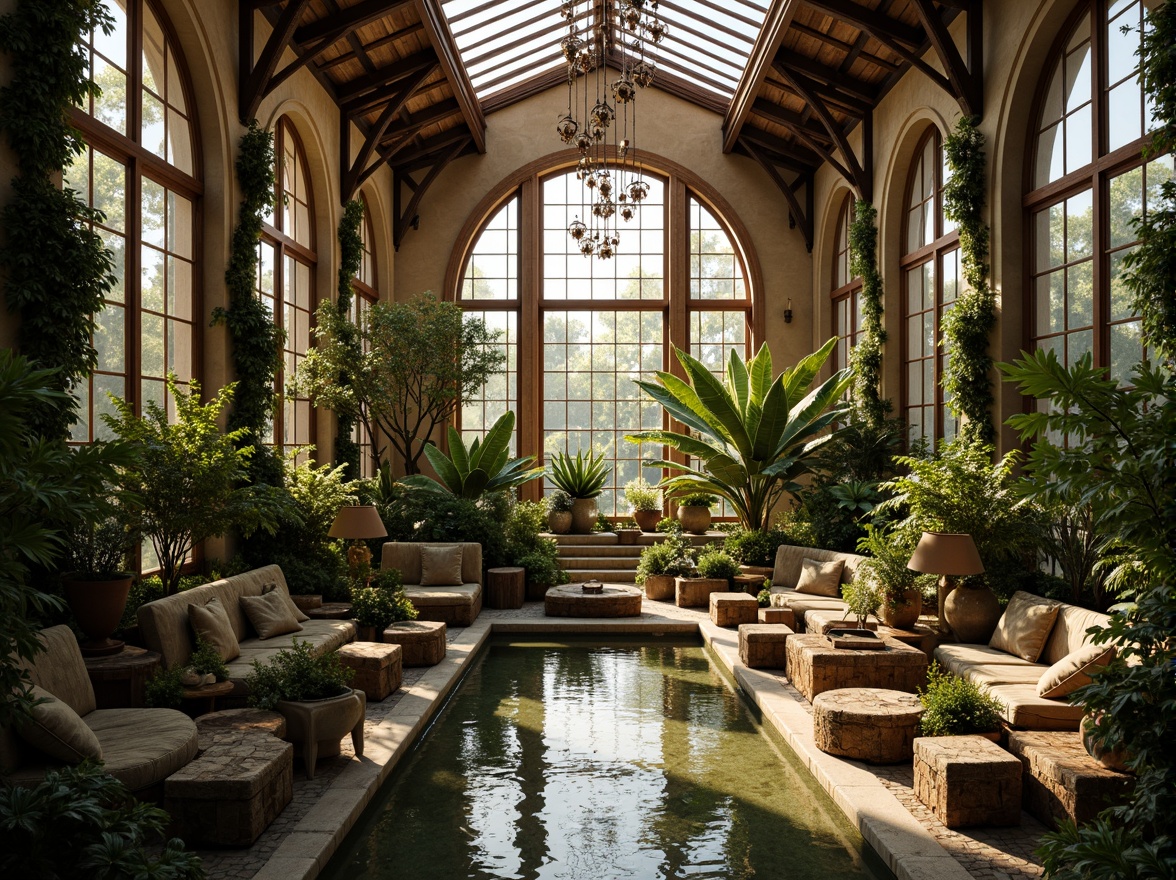 Prompt: Ornate greenhouse, lush tropical plants, delicate vines, intricate stone carvings, grandiose archways, ornamental fountains, soft natural lighting, warm golden tones, rustic wooden beams, elegant chandeliers, lavish furnishings, velvet drapes, rich textiles, Baroque-inspired patterns, curved lines, dramatic shadows, high contrast ratio, 1/2 composition, shallow depth of field, realistic reflections.