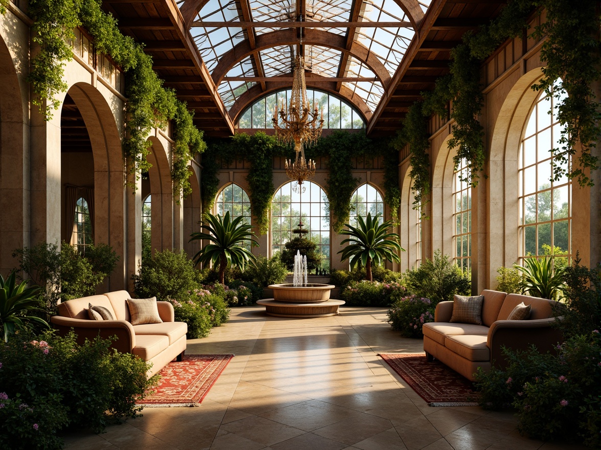 Prompt: Ornate greenhouse, lush tropical plants, delicate vines, intricate stone carvings, grandiose archways, ornamental fountains, soft natural lighting, warm golden tones, rustic wooden beams, elegant chandeliers, lavish furnishings, velvet drapes, rich textiles, Baroque-inspired patterns, curved lines, dramatic shadows, high contrast ratio, 1/2 composition, shallow depth of field, realistic reflections.