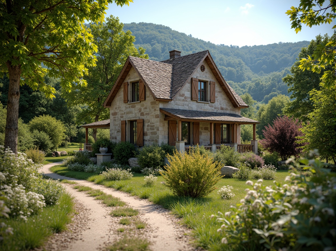 Prompt: Rustic rural cottage, natural stone walls, wooden shutters, earthy color palette, pitched roof, overhanging eaves, lush greenery, blooming wildflowers, winding country roads, serene countryside, warm sunny day, soft diffused lighting, shallow depth of field, 1/2 composition, intimate framing, realistic textures, ambient occlusion.