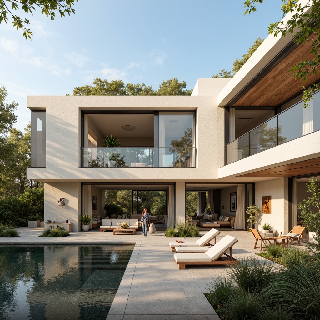 Prompt: Luxurious villa, modernist architecture, clean lines, minimal ornamentation, large windows, sliding glass doors, open-plan living spaces, high ceilings, polished concrete floors, warm beige walls, rich wood accents, sleek metal fixtures, subtle color palette, soft creamy whites, gentle grays, taupe undertones, earthy browns, muted blues, natural stone textures, lush greenery, serene outdoor spaces, sunny day, soft warm lighting, shallow depth of field, 3/4 composition, panoramic view, realistic textures, ambient occlusion.