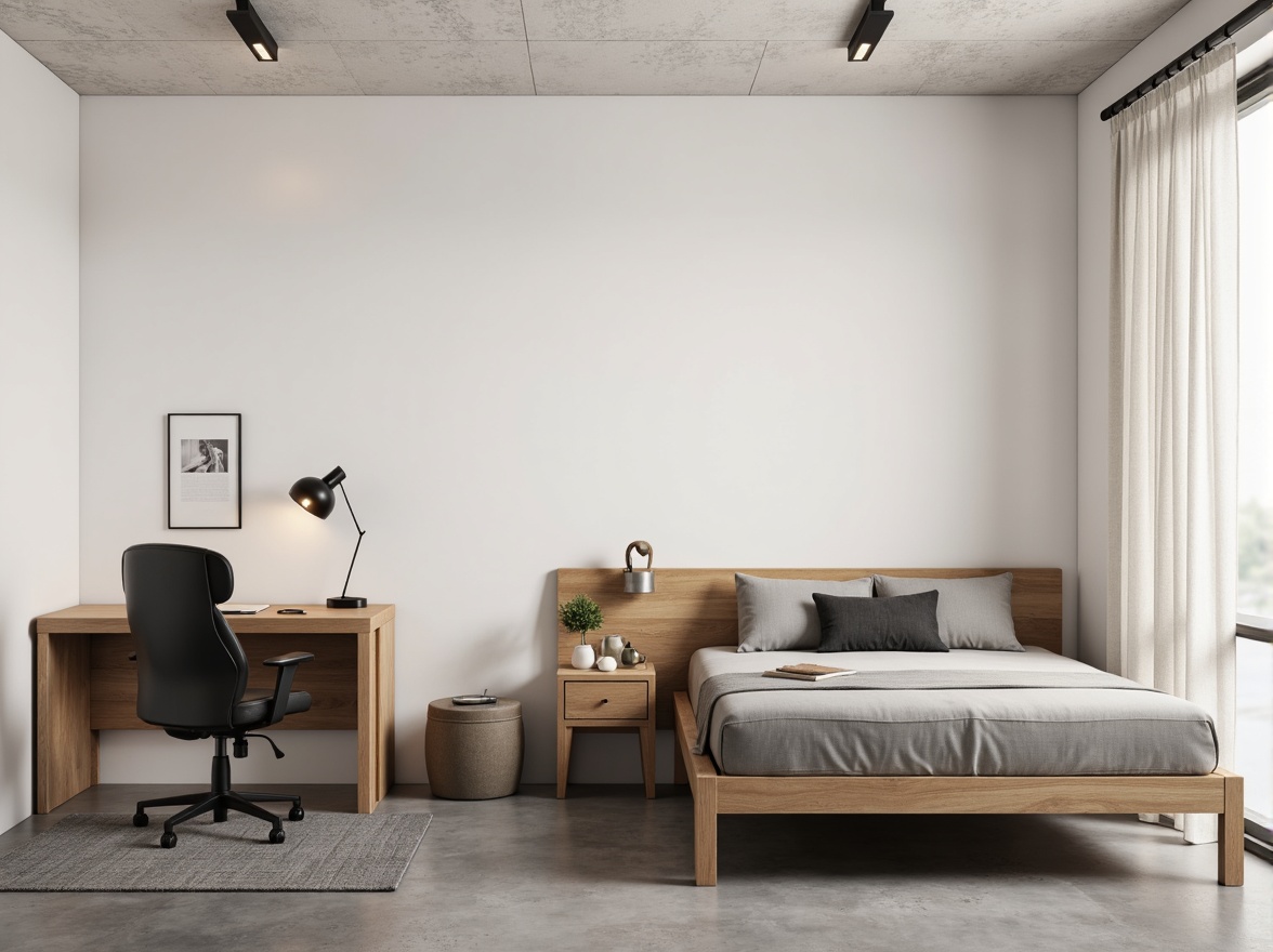 Prompt: Simple dorm room, minimal decor, monochromatic color scheme, sleek wooden furniture, low-profile bed frame, compact desk, ergonomic chair, geometric-shaped nightstand, industrial-style lighting fixtures, concrete floor, plain white walls, subtle textures, soft warm glow, shallow depth of field, 1/1 composition, realistic rendering, ambient occlusion.