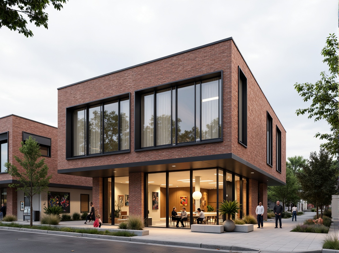 Prompt: Rustic community center, Bauhaus-inspired facade, rectangular forms, clean lines, industrial materials, exposed brick walls, steel beams, large windows, minimalist ornamentation, functional simplicity, earthy color palette, natural textures, communal outdoor spaces, vibrant street art, urban landscape, cloudy day, soft diffused lighting, shallow depth of field, 2/3 composition, realistic rendering.