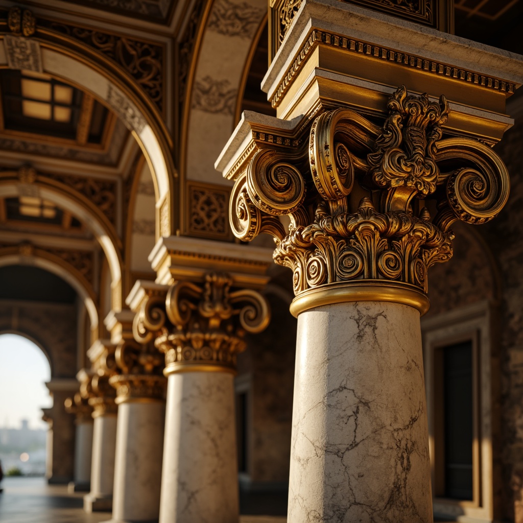 Prompt: Ornate column capitals, intricately carved marble, gilded details, grandiose proportions, ornamental volutes, twisted fluting, Corinthian columns, richly textured stone, lavish decorations, dramatic lighting, warm golden tones, highly detailed carvings, curved lines, sweeping arches, grand entranceways, opulent materials, majestic atmosphere, shallow depth of field, 1/1 composition, realistic textures, ambient occlusion.