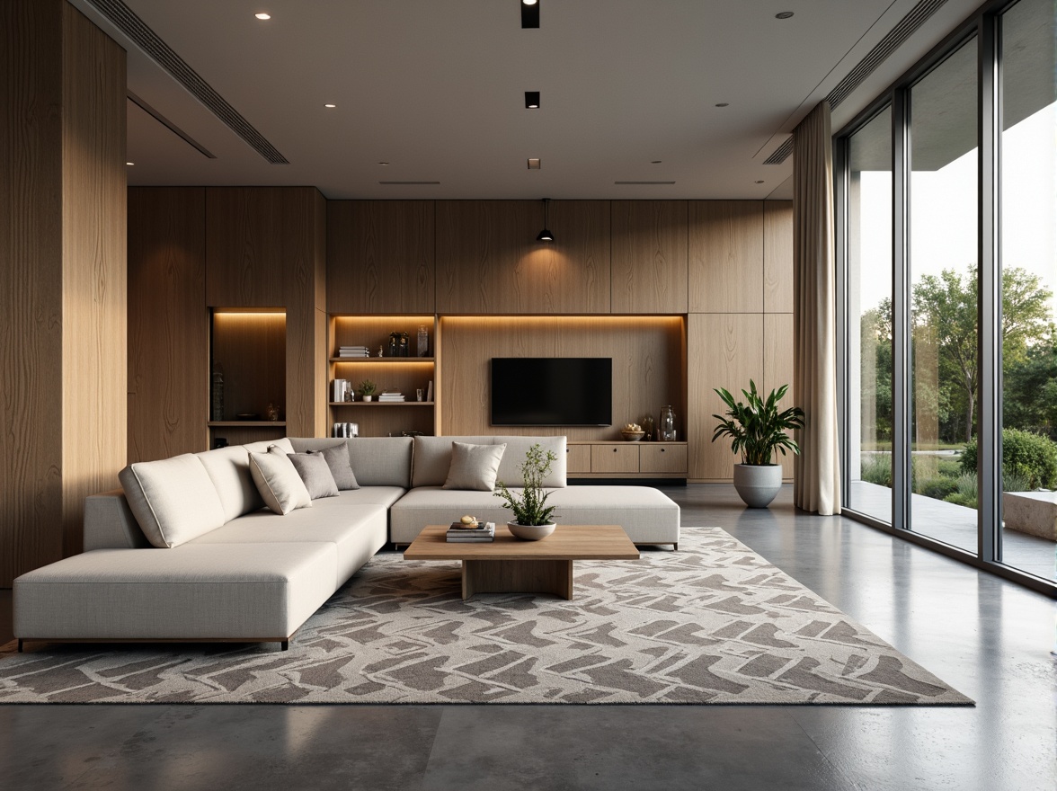 Prompt: Modern minimalist living room, sleek low-profile furniture, neutral color palette, polished concrete floors, floor-to-ceiling windows, natural light pouring in, functional storage units, multi-functional coffee table, comfortable sectional sofa, geometric patterned rug, ambient warm lighting, 1/1 composition, shallow depth of field, realistic textures.