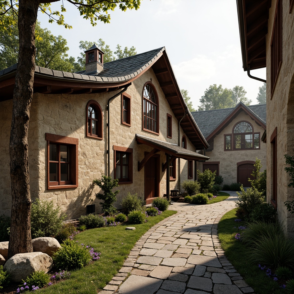 Prompt: Rustic monastery buildings, organic architecture, earthy tones, natural stone walls, wooden accents, curved lines, arched windows, stained glass details, intricate carvings, textured surfaces, rough-hewn stones, moss-covered roofs, lush greenery, serene atmosphere, soft warm lighting, shallow depth of field, 1/1 composition, realistic textures, ambient occlusion.