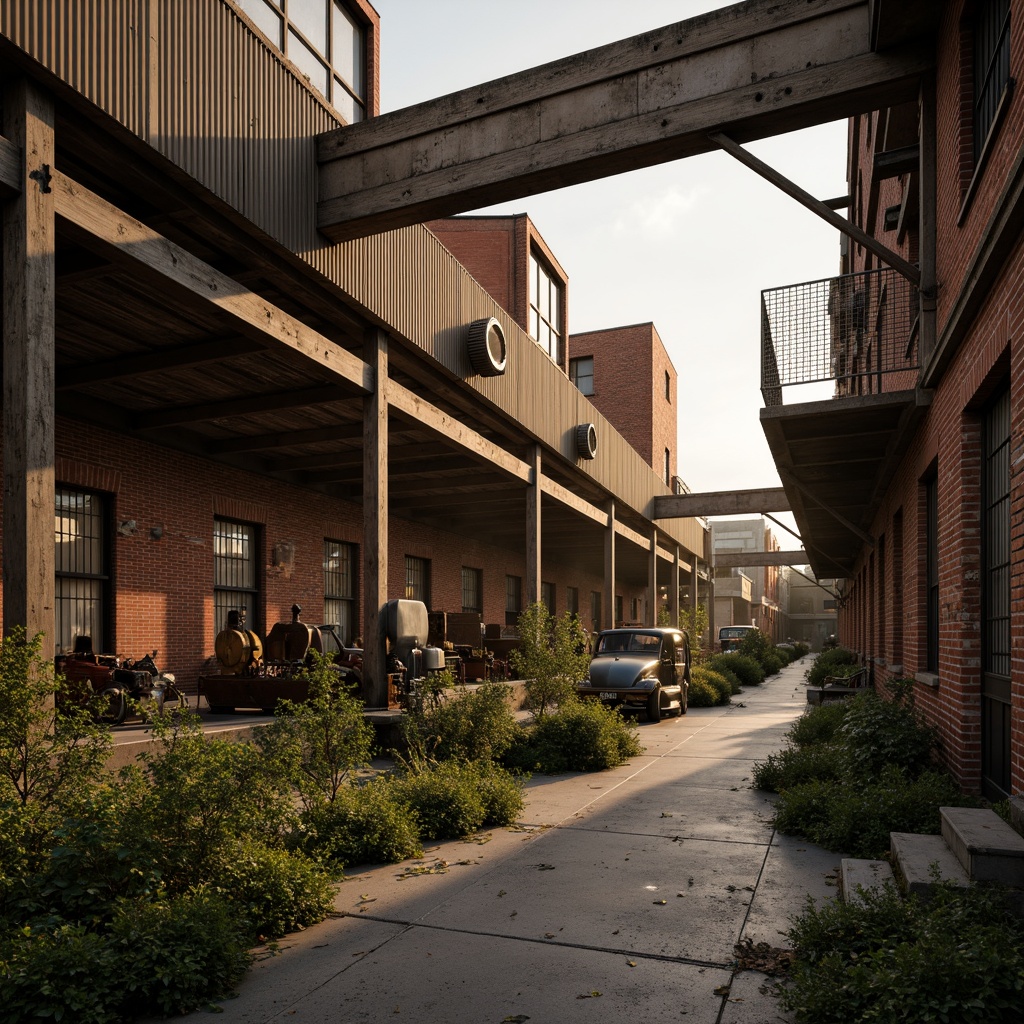 Prompt: Rustic industrial landscape, abandoned factories, distressed brick walls, corrugated metal roofs, worn wooden beams, vintage machinery, urban decay, overgrown vegetation, gritty urban atmosphere, warm golden lighting, shallow depth of field, 1/2 composition, cinematic view, realistic textures, ambient occlusion, nostalgic mood, retro-futuristic elements, exposed ductwork, concrete floors, steel columns, reclaimed wood accents, industrial chic aesthetic.