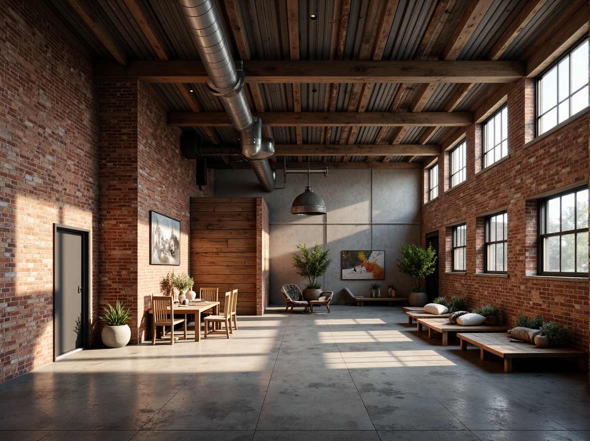 Prompt: Rustic industrial landscape, abandoned factories, worn brick walls, distressed metal roofs, reclaimed wood accents, earthy tones, natural textures, regional materials, local craftsmanship, exposed ductwork, concrete floors, steel beams, functional minimalism, industrial chic aesthetic, warm soft lighting, shallow depth of field, 1/1 composition, realistic renderings, ambient occlusion.