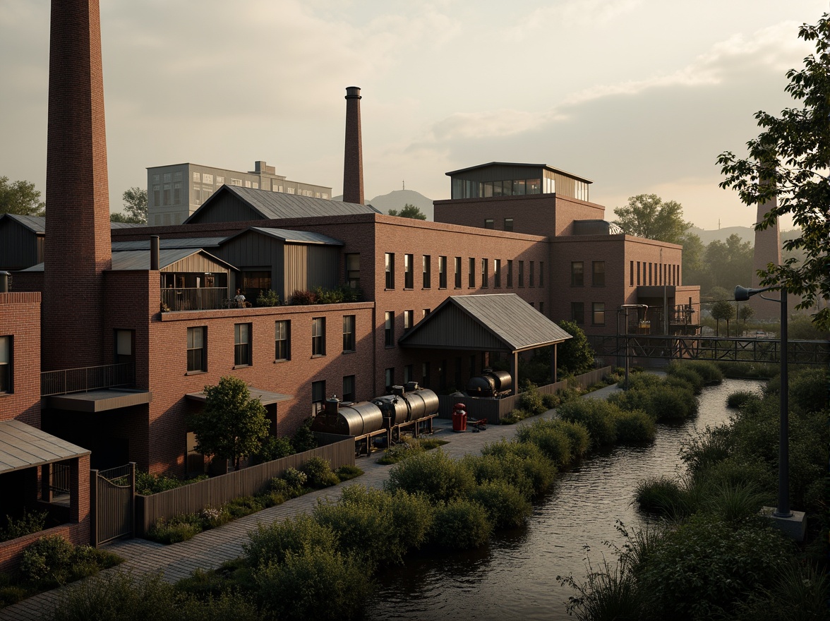 Prompt: Industrial factory complex, rustic brick buildings, corrugated metal roofs, worn concrete walls, vintage machinery, abandoned chimneys, overgrown vegetation, wildflowers, meandering streams, misty atmosphere, soft warm lighting, shallow depth of field, 3/4 composition, panoramic view, realistic textures, ambient occlusion, regionalism-inspired architecture, modern industrial design, functional spaces, exposed ductwork, metal catwalks, reclaimed wood accents, earthy color palette, natural stone pathways, weathered steel bridges.