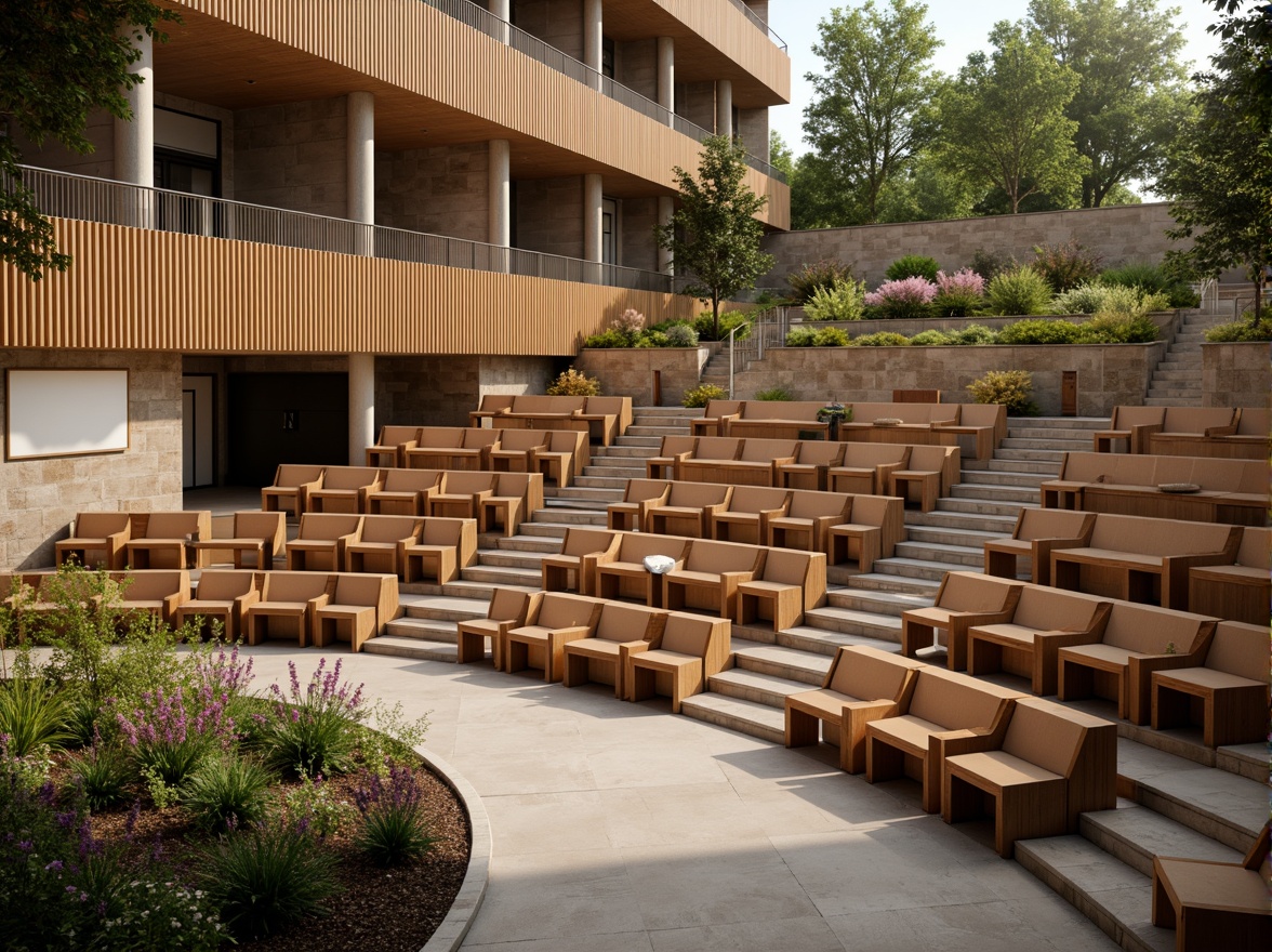 Prompt: Tiered seating, curved rows, wooden benches, academic atmosphere, natural stone walls, amphitheater-style architecture, modern minimalist design, sleek metal railings, warm soft lighting, shallow depth of field, 3/4 composition, panoramic view, realistic textures, ambient occlusion, lush greenery, vibrant flowers, educational signs, interactive whiteboards, collaborative learning spaces, comfortable cushions, ergonomic chair designs, adjustable armrests, built-in power outlets, USB charging stations.