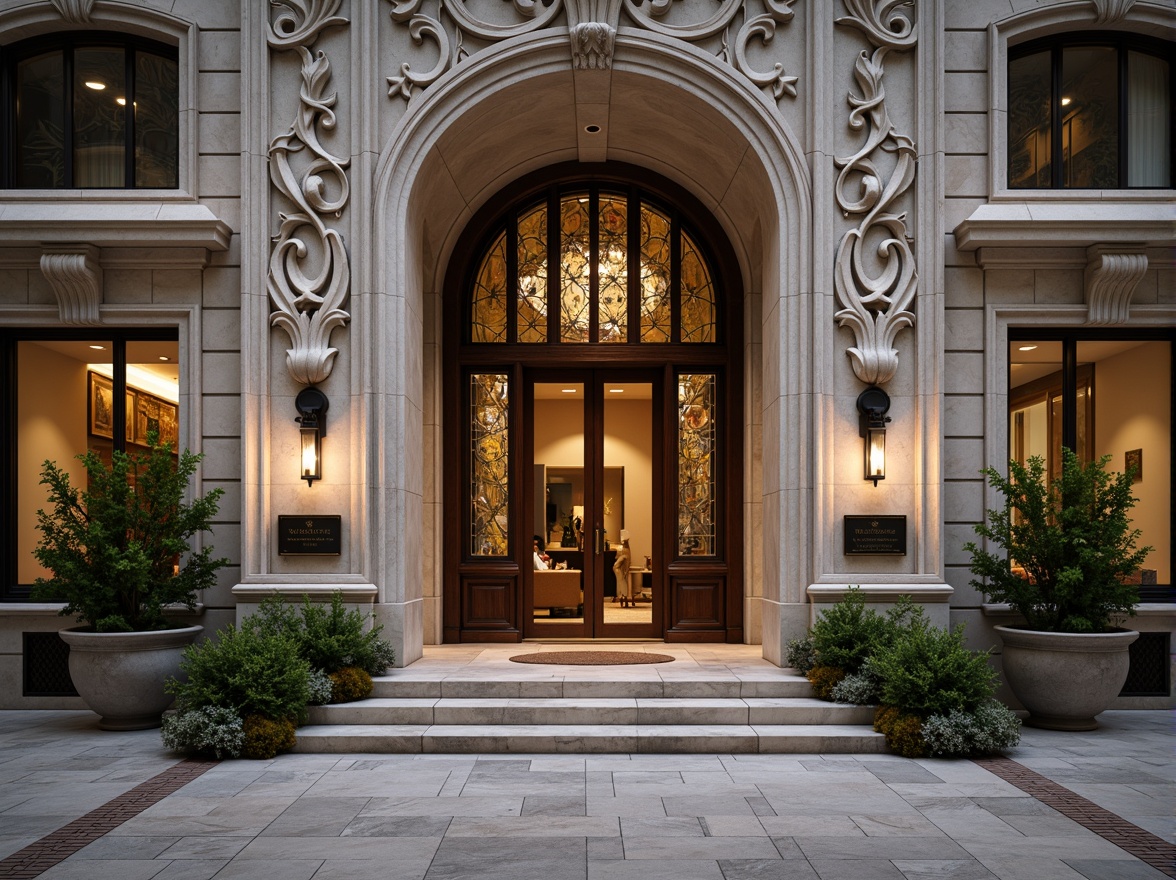 Prompt: Intricate bank facade, ornate stone carvings, flowing organic lines, curved wooden doors, stained glass windows, grand entrance hall, marble floors, polished bronze fixtures, natural stone walls, lush greenery, potted plants, warm ambient lighting, soft focus, shallow depth of field, 1/2 composition, realistic textures, ambient occlusion.