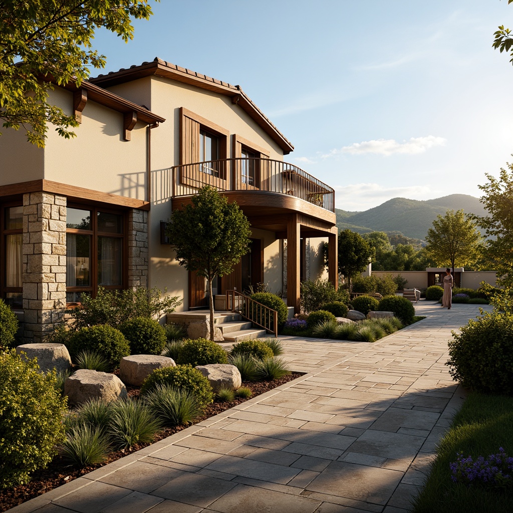 Prompt: Rustic winery facade, Mediterranean-inspired architecture, earthy tones, stone walls, wooden accents, curved lines, ornate metalwork, vine-covered trellises, lush greenery, rolling hills, sunny afternoon, warm golden lighting, shallow depth of field, 2/3 composition, symmetrical balance, realistic textures, ambient occlusion.