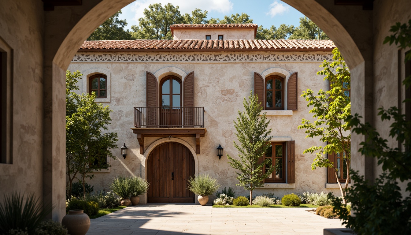 Prompt: Rustic monastery facade, stone walls, arched windows, ornate carvings, wooden doors, terracotta roof tiles, earthy color palette, natural stone textures, intricate stonework patterns, serene courtyard, lush greenery, peaceful ambiance, warm soft lighting, shallow depth of field, 1/2 composition, realistic render, ambient occlusion, subtle weathering effects.