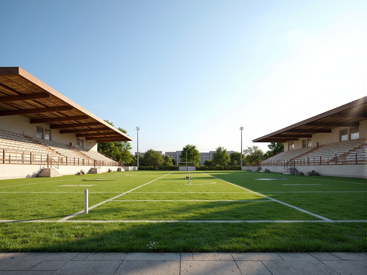 Prompt: Minimalist sports fields, lush green grass, subtle earthy tones, weathered wood bleachers, sleek metal goalposts, clean white lines, natural stone pathways, sparse trees, clear blue skies, warm sunny days, soft diffused lighting, shallow depth of field, 3/4 composition, panoramic view, realistic textures, ambient occlusion.