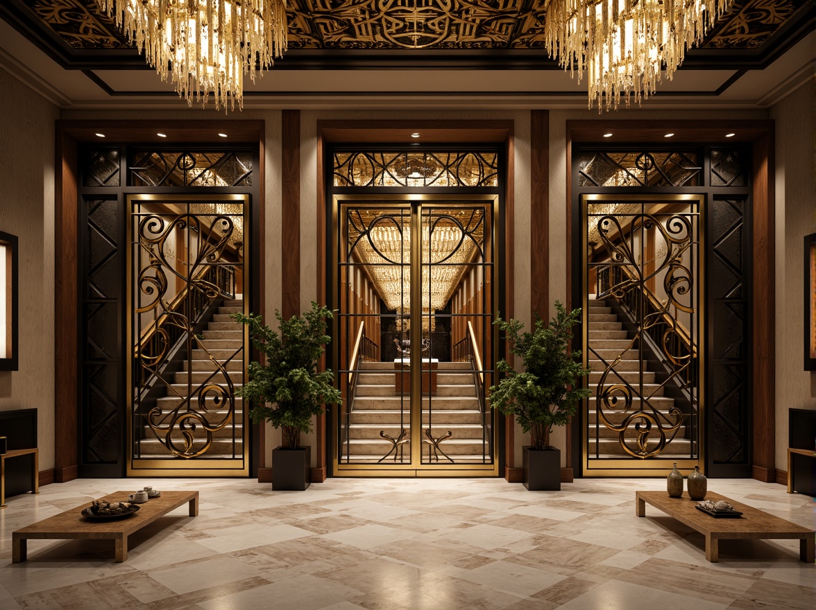 Prompt: Geometric metalwork, ornate bronze doors, luxurious marble floors, opulent chandeliers, stylized floral patterns, zigzag motifs, chevron designs, sunburst decorations, stepped silhouettes, curved lines, metallic accents, lavish furnishings, rich textiles, bold color schemes, dramatic lighting effects, low-angle shots, cinematic composition, high-contrast rendering, intricate details, ornate facades, grand staircases, majestic entrances.