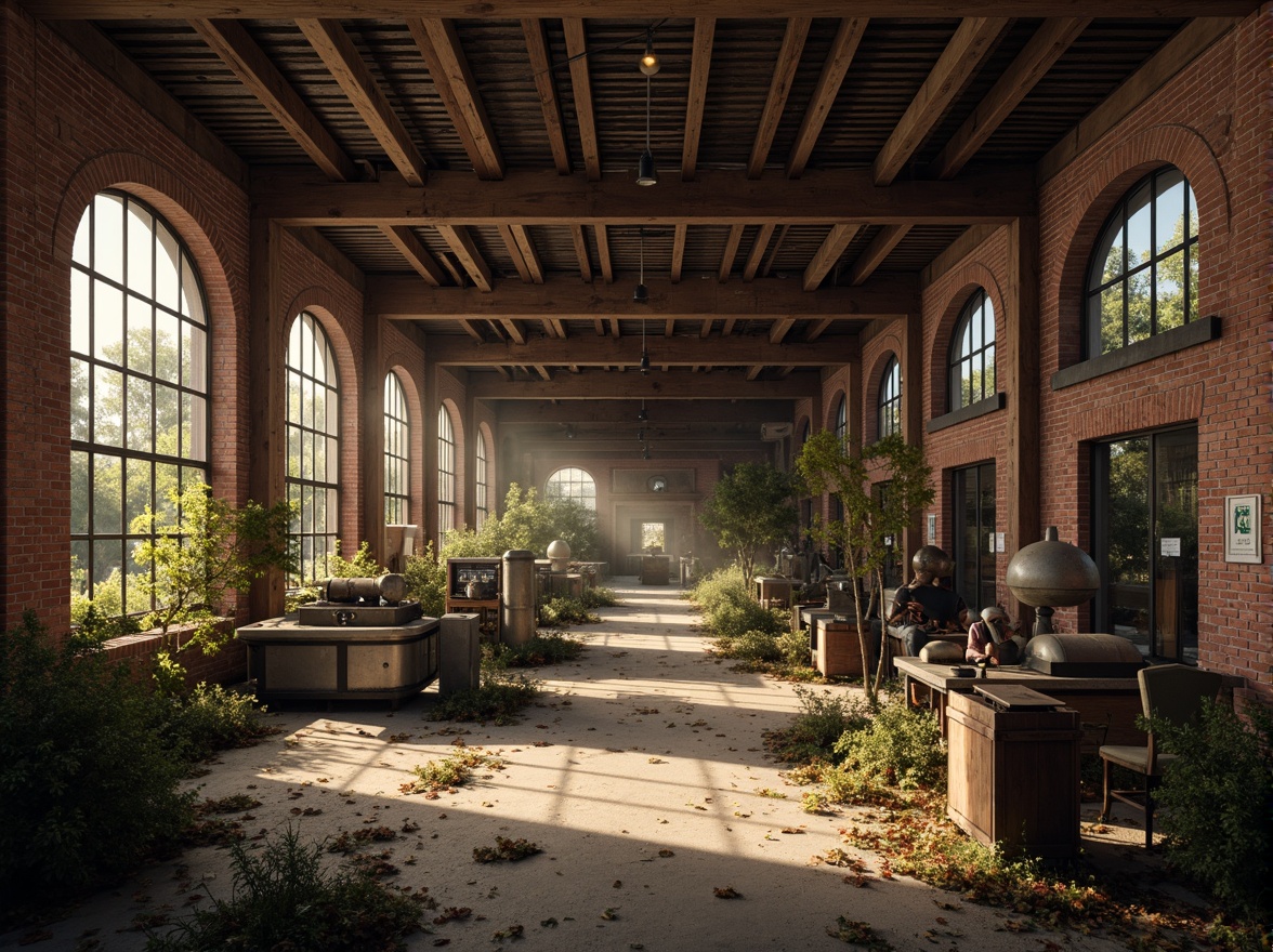 Prompt: Rustic industrial landscape, abandoned factories, distressed brick walls, corrugated metal roofs, worn wooden beams, vintage machinery, urban decay, overgrown vegetation, gritty urban atmosphere, warm golden lighting, shallow depth of field, 1/2 composition, cinematic view, realistic textures, ambient occlusion, nostalgic mood, retro-futuristic elements, exposed ductwork, concrete floors, steel columns, reclaimed wood accents, industrial chic aesthetic.