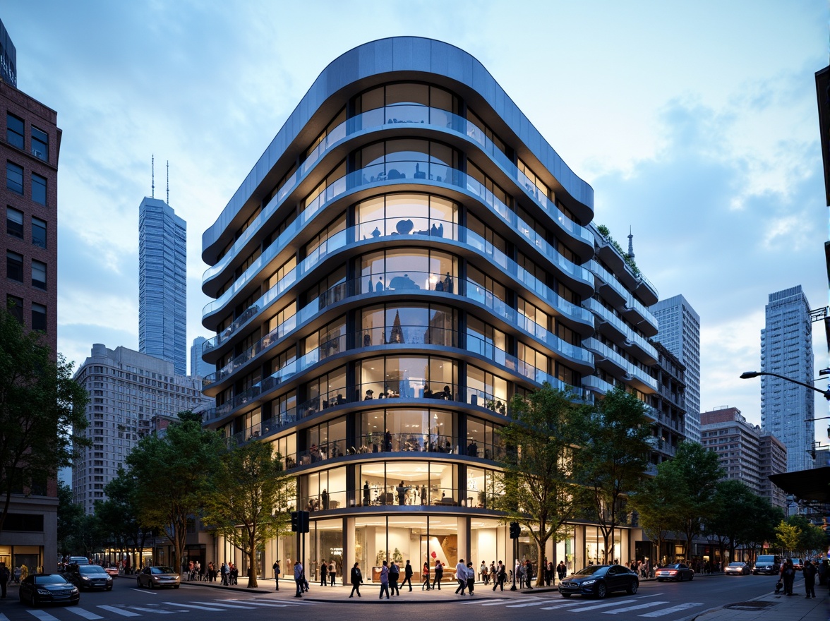 Prompt: Curved building facade, metallic materials, polished chrome accents, horizontal lines, rounded corners, minimalist ornamentation, large glass windows, sliding doors, cantilevered balconies, urban cityscape, busy streets, modern skyscrapers, cloudy blue sky, soft natural light, shallow depth of field, 2/3 composition, symmetrical framing, high-contrast lighting, detailed textures, ambient occlusion.