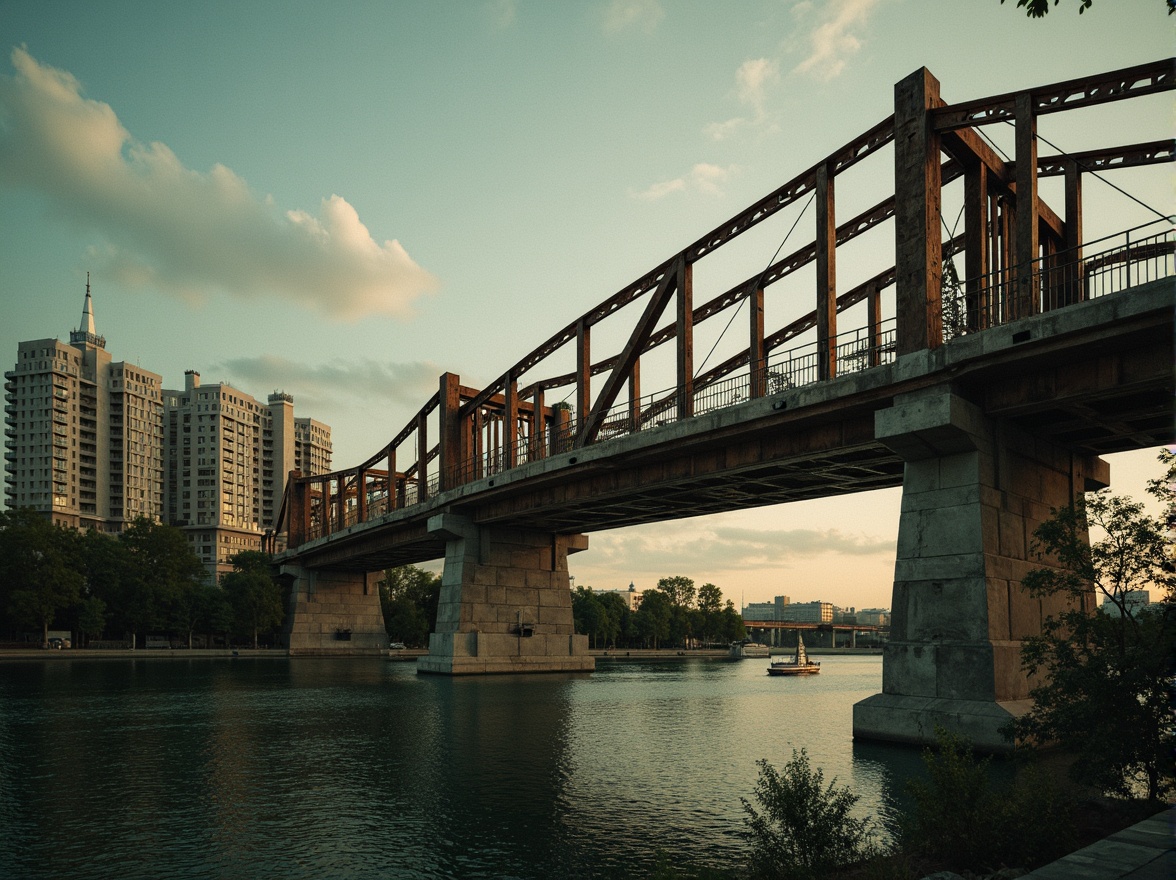 Prompt: Rustic steel bridges, industrial-era aesthetic, weathered metal textures, earthy tones, muted greens, blues and grays, warm golden lighting, misty atmospheric effects, dramatic shadows, 3/4 composition, cinematic view, realistic reflections, ambient occlusion, urban cityscape, riverbank setting, lush vegetation, natural stone piers, modern architectural elements, sleek cable systems.