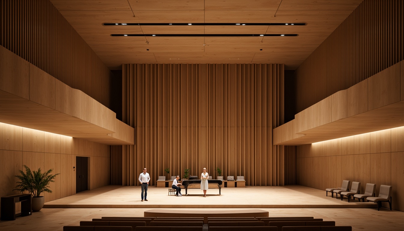 Prompt: Minimalist auditorium interior, sleek wooden floors, sound-absorbing panels, curved lines, geometric shapes, subtle lighting, warm beige tones, comfortable seating, optimized speaker placement, precise acoustic calculations, reverberation control, echo reduction, crystal-clear sound quality, intimate performance atmosphere, shallow stage design, dramatic spotlights, soft shadows, 1/1 composition, realistic textures, ambient occlusion.