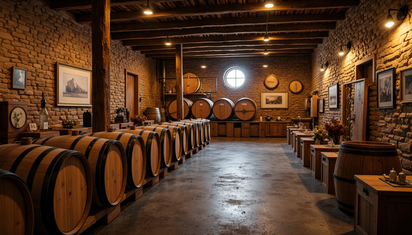 Prompt: Rustic winery, wooden barrels, stone walls, earthy tones, natural lighting, reclaimed wood accents, metal roofing, industrial chic decor, vintage wine-making equipment, exposed brick ceilings, wooden fermentation tanks, oak aging rooms, dim warm ambiance, soft golden lighting, shallow depth of field, 1/1 composition, realistic textures, ambient occlusion.