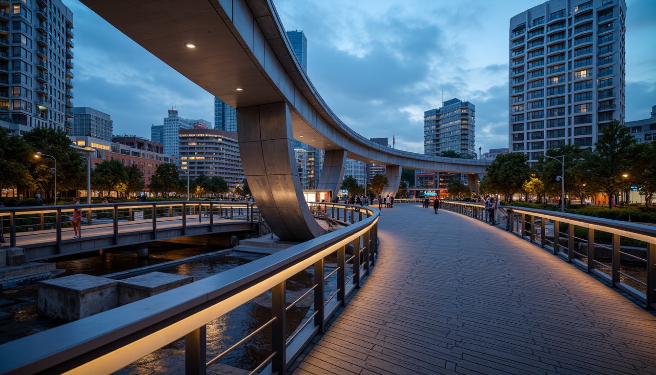 Prompt: Curved pedestrian bridge, sleek metal railings, wooden decking, modern urban landscape, city skyline, vibrant streetlights, bustling streets, dynamic structural elements, cantilevered sections, suspension cables, geometric shapes, minimalist design, functional lighting, safety features, accessible ramps, staircases, observation decks, panoramic views, realistic textures, ambient occlusion, shallow depth of field, 3/4 composition.