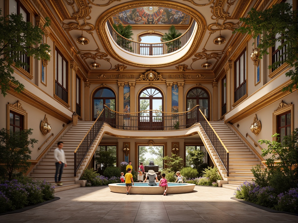 Prompt: Intricate kindergarten, ornate Baroque architecture, lavish decorations, golden accents, curved lines, grand entrance, sweeping staircases, opulent chandeliers, vibrant colorful murals, whimsical sculptures, playful fountains, lush greenery, soft warm lighting, shallow depth of field, 1/1 composition, realistic textures, ambient occlusion.