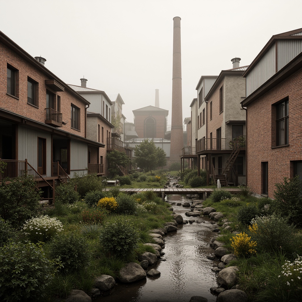 Prompt: Industrial factory complex, rustic brick buildings, corrugated metal roofs, worn concrete walls, vintage machinery, abandoned chimneys, overgrown vegetation, wildflowers, meandering streams, misty atmosphere, soft warm lighting, shallow depth of field, 3/4 composition, panoramic view, realistic textures, ambient occlusion, regionalism-inspired architecture, modern industrial design, functional spaces, exposed ductwork, metal catwalks, reclaimed wood accents, earthy color palette, natural stone pathways, weathered steel bridges.