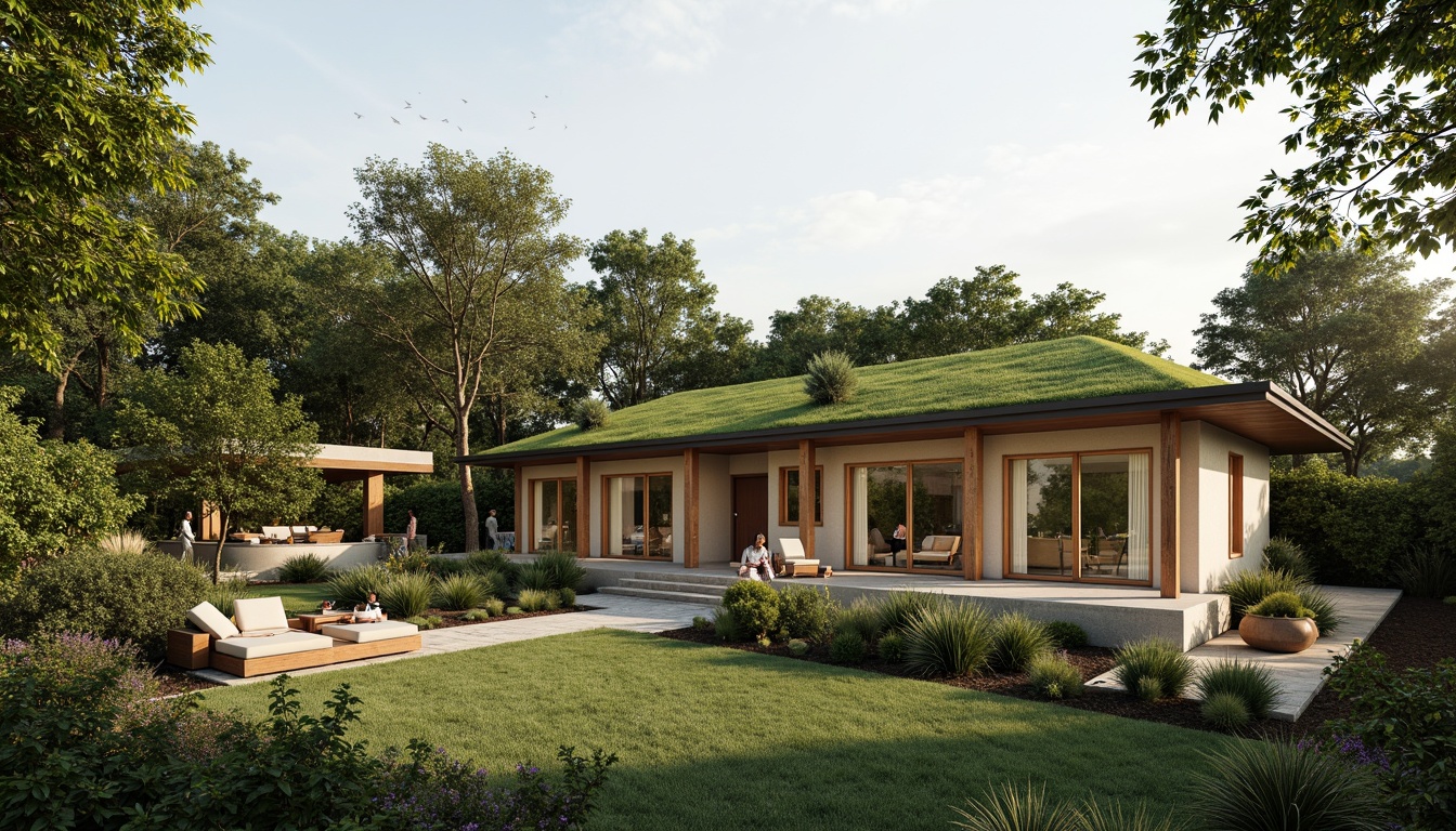 Prompt: Sustainable modern home, green roofs, solar panels, rainwater harvesting systems, recycled materials, natural ventilation, large windows, minimal ornamentation, earthy color palette, organic textures, bamboo flooring, reclaimed wood accents, energy-efficient appliances, smart home technology, minimalist decor, abundant natural light, soft warm ambiance, shallow depth of field, 3/4 composition, panoramic view, realistic textures, ambient occlusion.