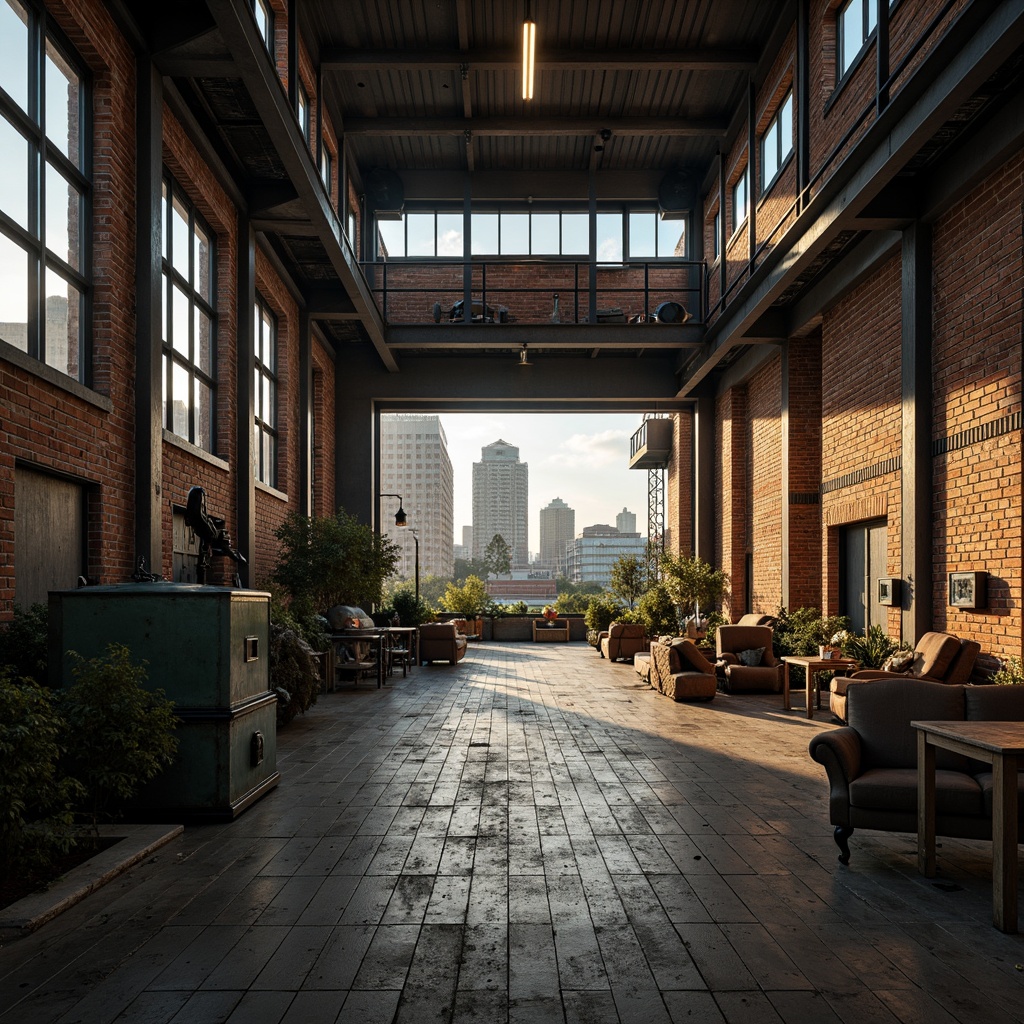 Prompt: Industrial factory setting, exposed brick walls, metal beams, worn wooden floors, distressed concrete textures, vintage machinery, rusty pipes, urban cityscape, cloudy grey skies, warm golden lighting, shallow depth of field, 1/2 composition, realistic materials, ambient occlusion, muted color palette, earthy tones, weathered steel blues, faded reds, industrial greens, creamy whites, rich browns.