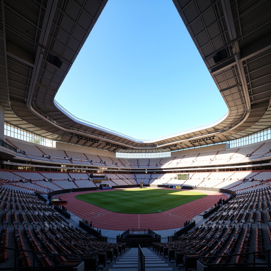 Prompt: Sleek stadium design, aerodynamic curves, metallic materials, reflective surfaces, angular lines, modern architecture, grandstand seating, athletic tracks, sports equipment, vibrant color schemes, dynamic lighting systems, dramatic shadows, 3/4 composition, low-angle shot, realistic textures, ambient occlusion, urban cityscape, clear blue sky, sunny day, soft warm lighting.