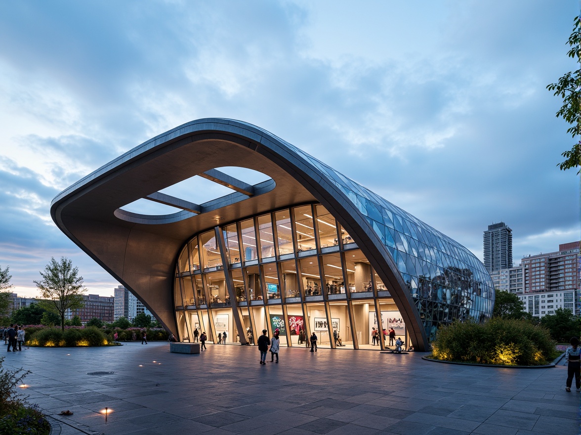 Prompt: Curved pavilion structure, futuristic facade design, iridescent glass panels, parametric architecture, sleek metal frames, minimalist ornamentation, cantilevered rooflines, open-air exhibition spaces, natural ventilation systems, energy-efficient LED lighting, dynamic shading devices, reflective aluminum cladding, geometric patterned screens, modernist-inspired typography, urban cityscape backdrop, cloudy blue sky, warm afternoon sunlight, shallow depth of field, 2/3 composition, realistic material textures, ambient occlusion.