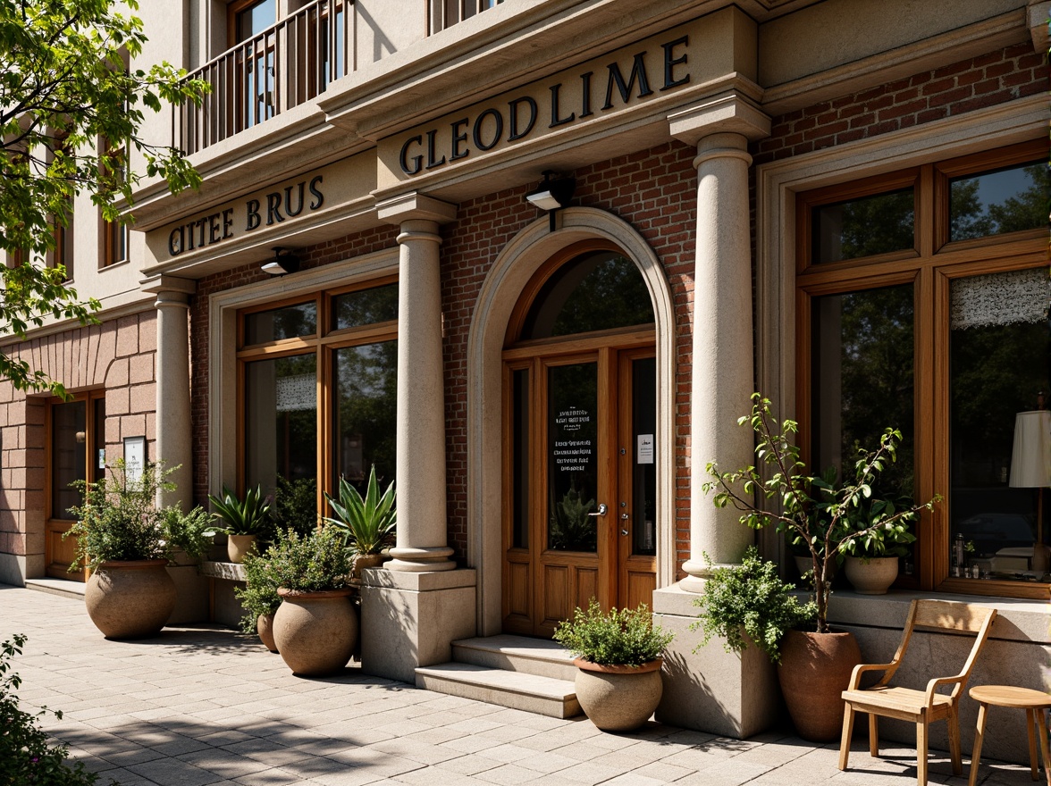 Prompt: Rustic coffee shop facade, academic architectural style, brick walls, stone columns, ornate details, wooden doors, vintage signage, cozy atmosphere, warm lighting, earthy tones, natural materials, greenery surroundings, blooming flowers, sunny day, soft focus, shallow depth of field, 1/1 composition, realistic textures, ambient occlusion.