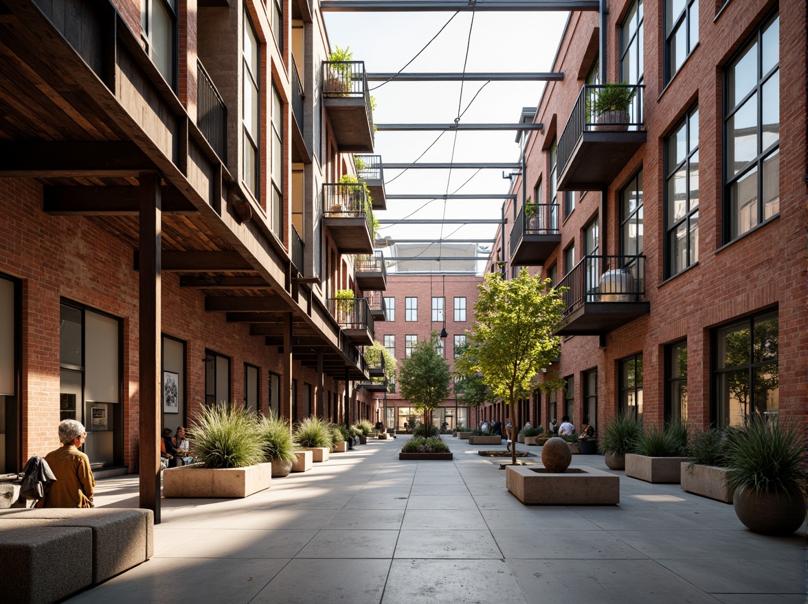 Prompt: Industrial heritage site, exposed brick buildings, rusty metal structures, reclaimed wood accents, vintage factory equipment, urban renewal, mixed-use development, adaptive reuse, modern amenities, sleek glass facades, minimalist interiors, polished concrete floors, industrial chic decor, natural light pouring in, airy open spaces, communal courtyards, pedestrian-friendly walkways, vibrant street art, eclectic neighborhood vibe, warm golden lighting, shallow depth of field, 2/3 composition, realistic textures, ambient occlusion.