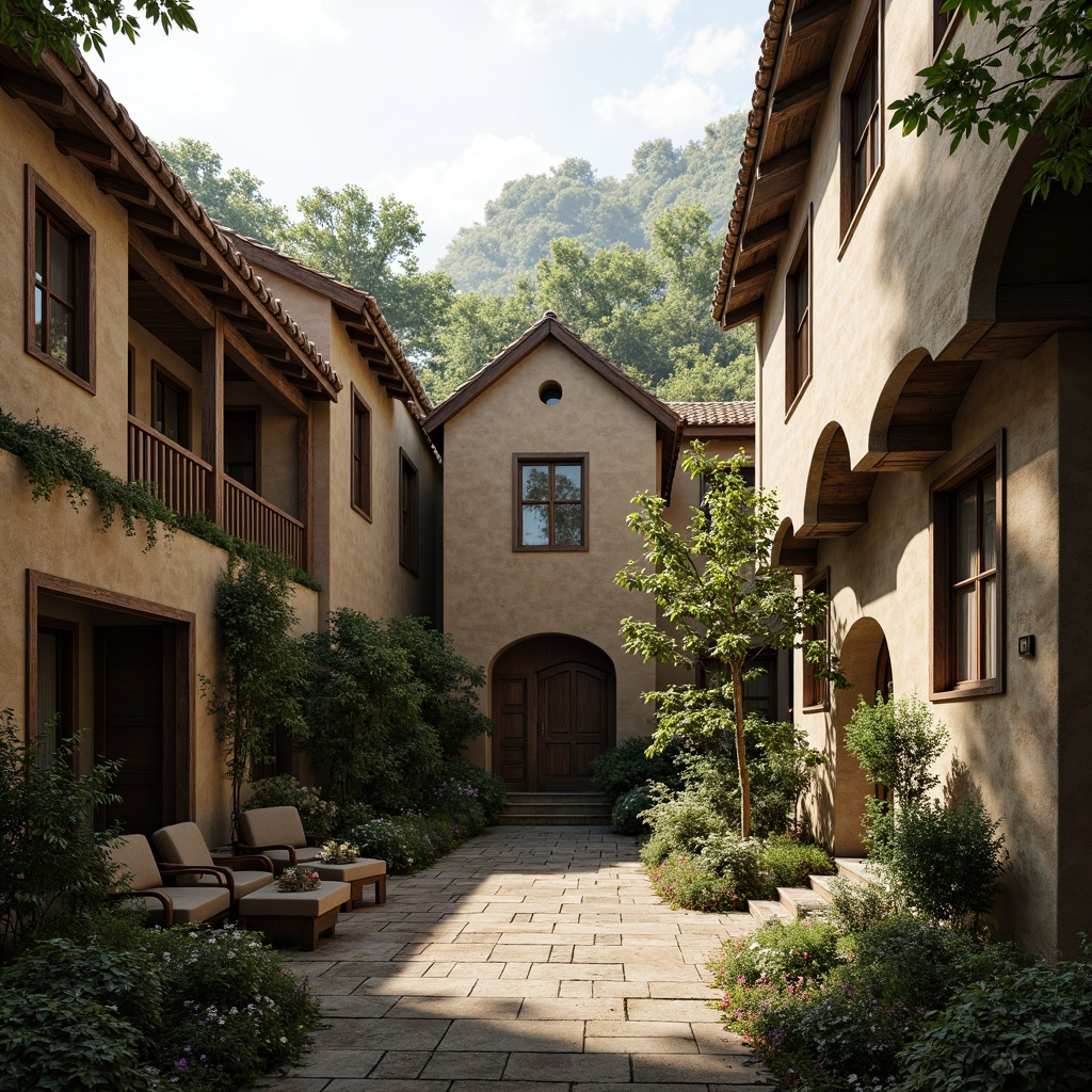 Prompt: Rustic monastery buildings, organic curves, earthy tones, natural stone walls, wooden accents, distressed textures, moss-covered roofs, overgrown vegetation, serene courtyard, peaceful atmosphere, soft warm lighting, shallow depth of field, 3/4 composition, panoramic view, realistic textures, ambient occlusion.