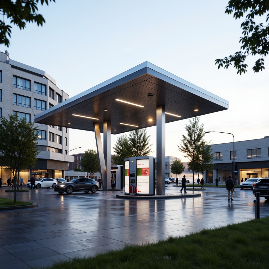 Prompt: Modern gas station, sleek canopy structure, minimalist design, angular lines, stainless steel beams, translucent roofing, natural ventilation, LED lighting, futuristic fuel pumps, digital signage, urban landscape, busy streets, morning sunlight, shallow depth of field, 1/1 composition, realistic textures, ambient occlusion.