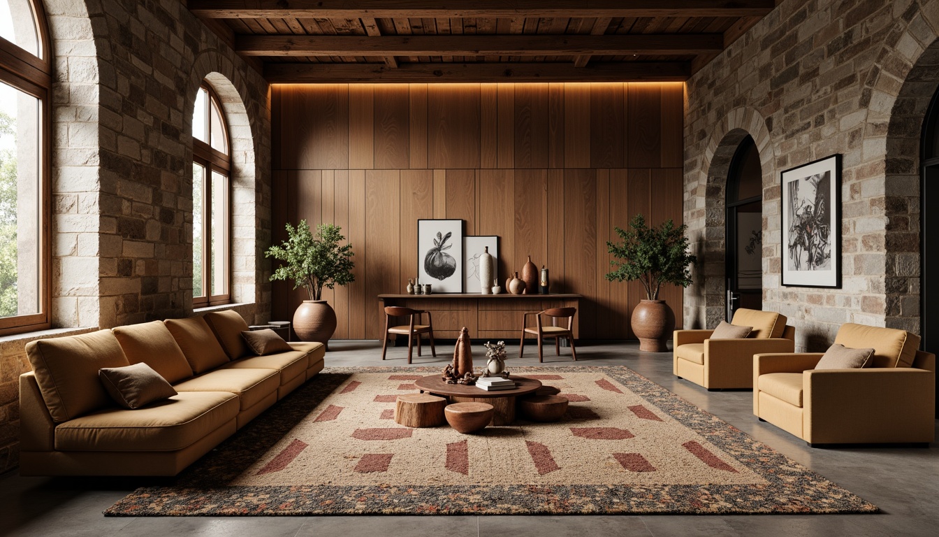 Prompt: Rough-hewn stone walls, distressed wood planks, smooth metallic surfaces, velvety soft upholstery, intricate woven textiles, natural fiber rugs, earthy terracotta pots, organic-shaped sculptures, warm ambient lighting, shallow depth of field, 1/1 composition, realistic material rendering, subtle normal mapping, detailed bump mapping.