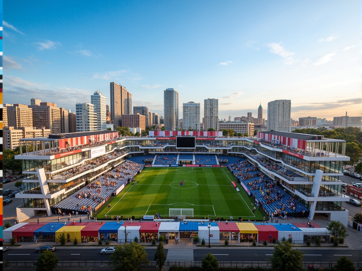 Prompt: Modern soccer stadium housing, sleek metal fa\u00e7ade, transparent glass walls, cantilevered roofs, vibrant team color accents, durable concrete floors, weather-resistant exterior cladding, energy-efficient LED lighting, spacious player lounges, state-of-the-art locker rooms, advanced athletic training facilities, panoramic views of the pitch, dynamic crowd seating areas, urban cityscape backdrop, clear blue sky, warm sunny day, shallow depth of field, 3/4 composition, realistic textures, ambient occlusion.