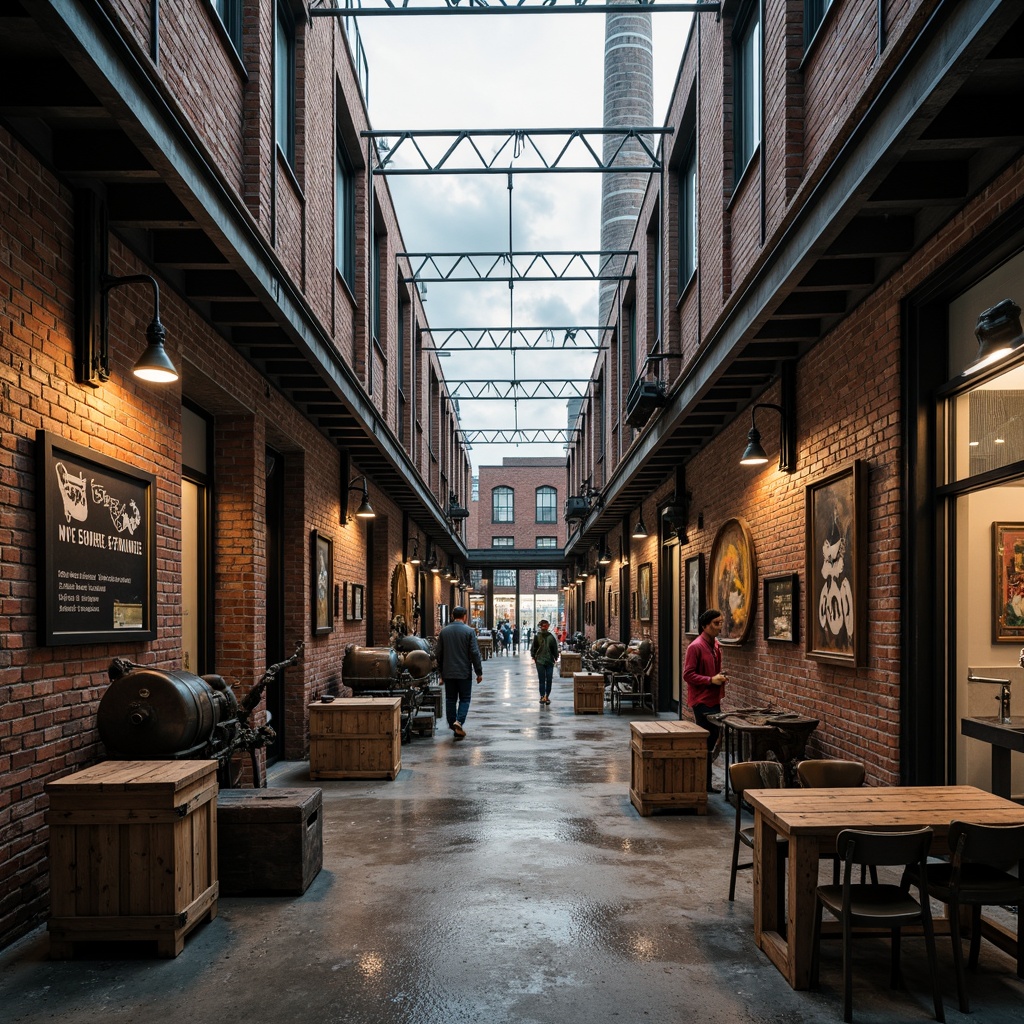 Prompt: Rustic industrial factory, exposed brick walls, metallic beams, reclaimed wood accents, distressed concrete floors, vintage machinery, urban cityscape, cloudy grey sky, warm soft lighting, shallow depth of field, 1/1 composition, realistic textures, ambient occlusion, worn wooden crates, old-fashioned lanterns, faded signage, eclectic mix of materials, post-industrial aesthetic, nostalgic atmosphere.