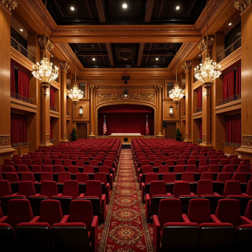 Prompt: Luxurious theater interior, rich wood paneling, plush velvet seats, ornate golden details, grand chandeliers, acoustic panels, sound-absorbing materials, diffusers, bass traps, precise speaker placement, optimized reverberation time, clear audio clarity, intimate audience experience, dramatic stage lighting, 3/4 composition, shallow depth of field, warm color temperature, realistic textures.