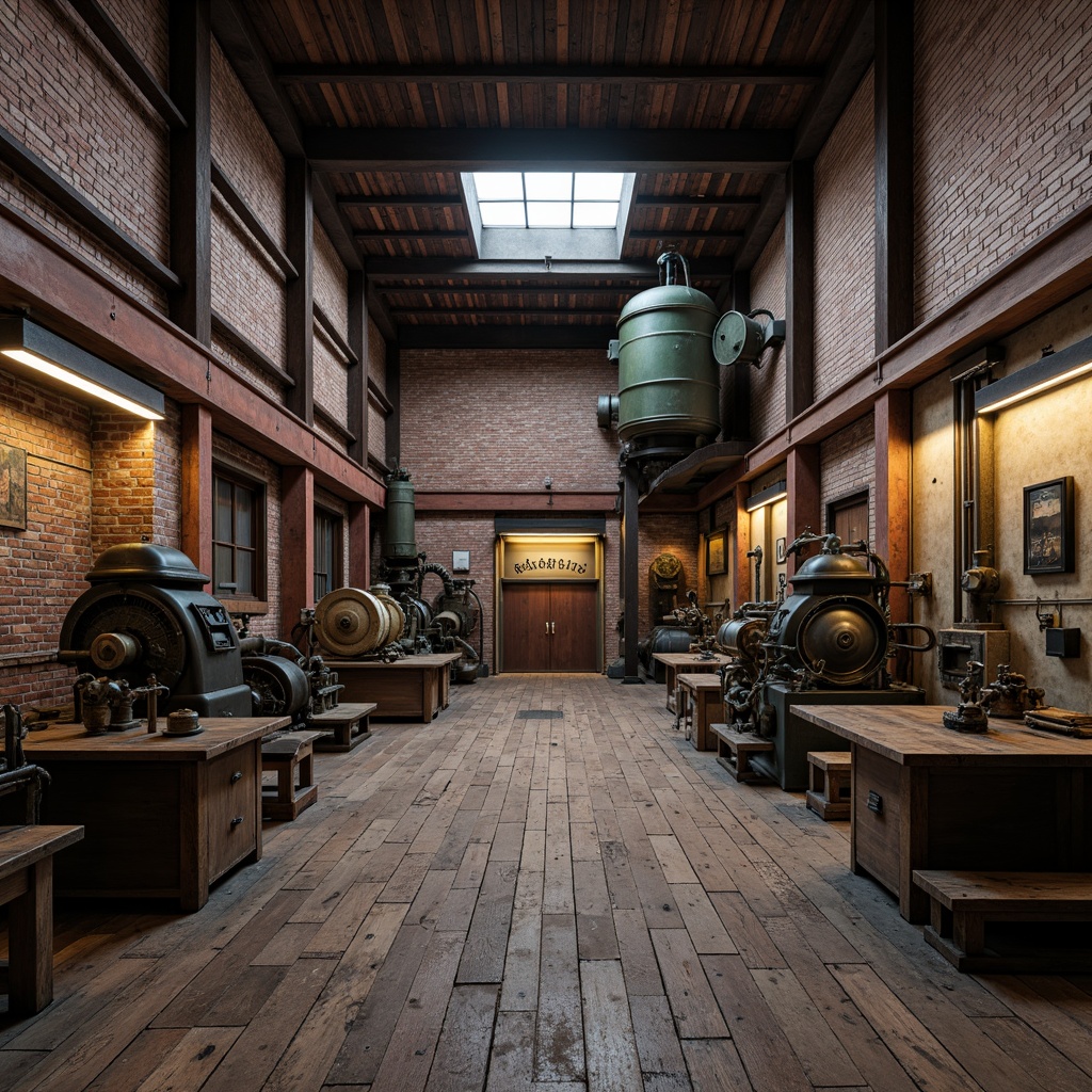 Prompt: Industrial factory setting, exposed brick walls, metal beams, worn wooden floors, vintage machinery, distressed textures, earthy tones, muted colors, rusty reds, weathered blues, faded yellows, industrial greys, urban atmosphere, gritty realism, high contrast lighting, dramatic shadows, cinematic composition, 1/2 camera angle, realistic renderings, ambient occlusion.