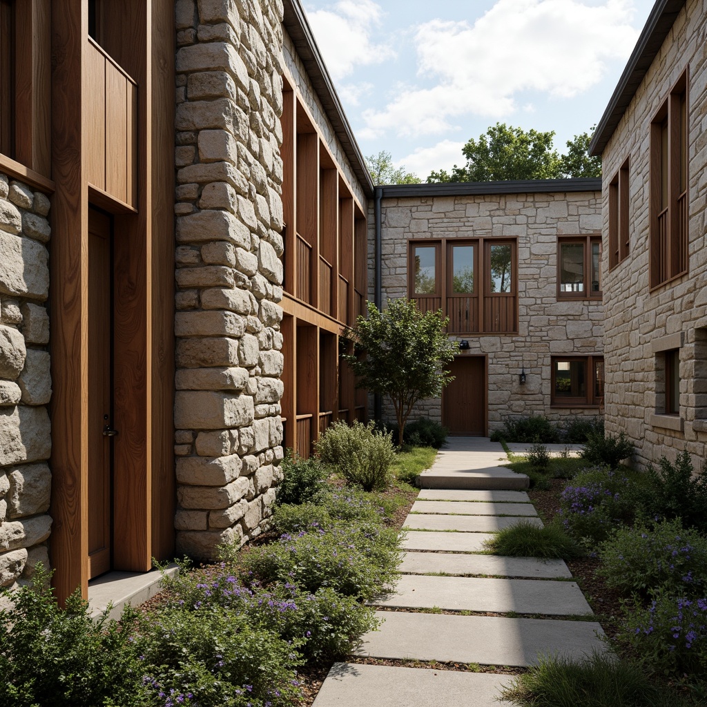 Prompt: Rough stone walls, rustic brick facades, wooden accents, natural wood grain, earthy tones, organic forms, irregular shapes, tactile experiences, 3D modeling, realistic renderings, ambient occlusion, soft warm lighting, shallow depth of field, 2/3 composition, modern architecture, sustainable design, eco-friendly materials, green roofs, living walls, urban landscapes, city skylines, industrial heritage, converted warehouses.