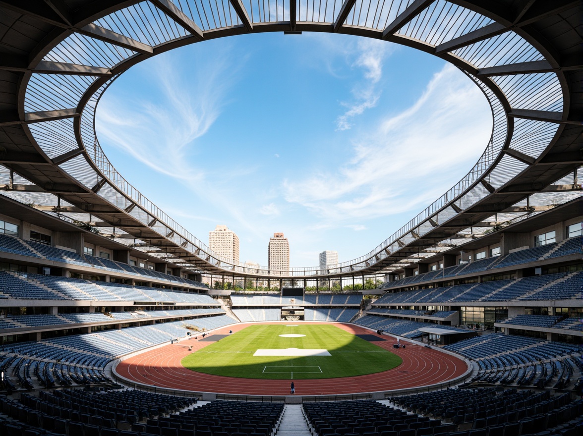 Prompt: Sleek stadium design, aerodynamic curves, metallic materials, reflective surfaces, angular lines, modern architecture, grandstand seating, athletic tracks, sports equipment, vibrant color schemes, dynamic lighting systems, dramatic shadows, 3/4 composition, low-angle shot, realistic textures, ambient occlusion, urban cityscape, clear blue sky, sunny day, soft warm lighting.