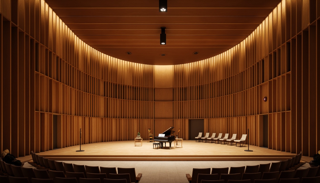 Prompt: Intimate concert hall, wooden acoustic panels, sound-absorbing materials, curved lines, minimalist decor, warm ambient lighting, shallow stage, grand piano, professional audio equipment, microphone stands, speaker systems, soundproofing, reverberation control, optimal seating arrangement, 3/4 composition, soft focus, warm color palette, realistic textures.