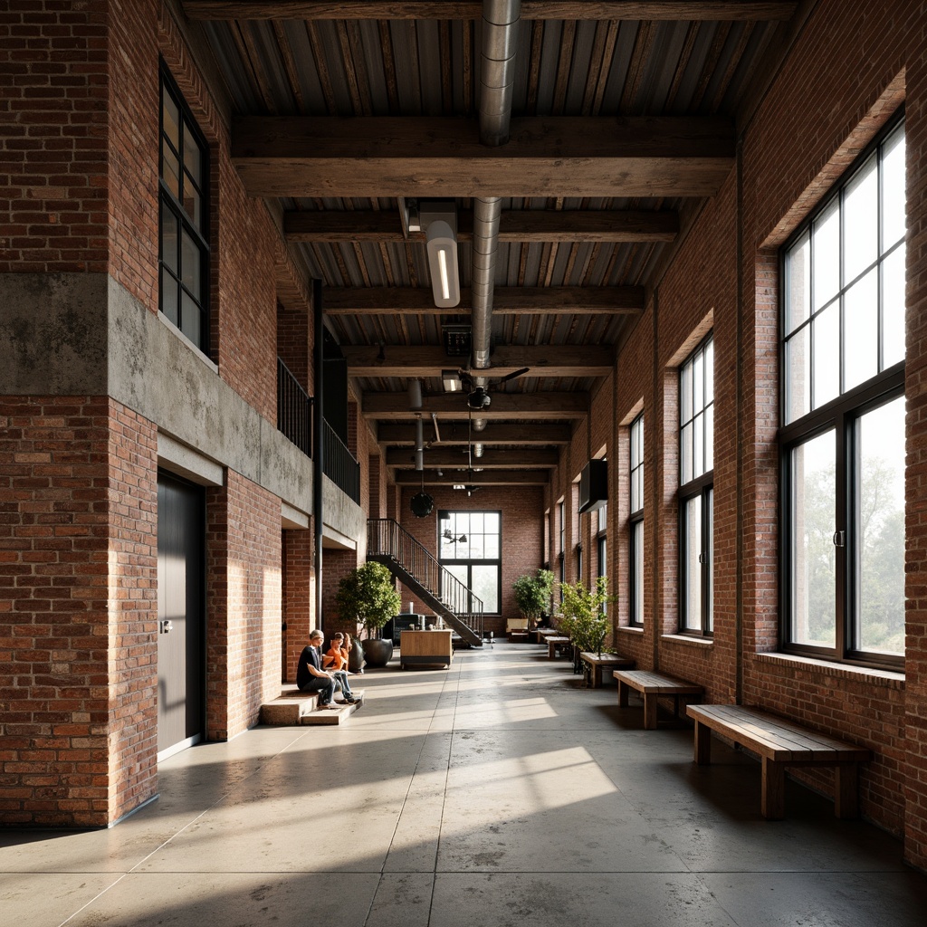 Prompt: Rustic industrial landscape, abandoned factories, worn brick walls, distressed metal roofs, reclaimed wood accents, earthy tones, natural textures, regional materials, local craftsmanship, exposed ductwork, concrete floors, steel beams, functional minimalism, industrial chic aesthetic, warm soft lighting, shallow depth of field, 1/1 composition, realistic renderings, ambient occlusion.