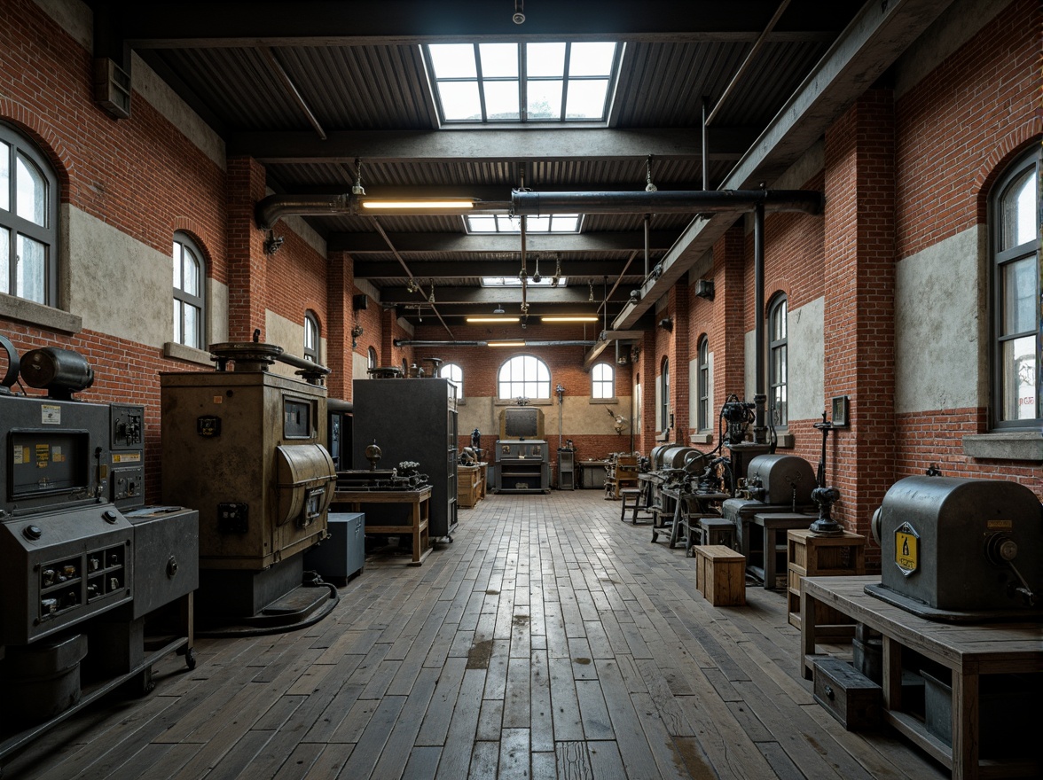 Prompt: Industrial factory setting, exposed brick walls, metal beams, worn wooden floors, vintage machinery, distressed textures, earthy tones, muted colors, rusty reds, weathered blues, faded yellows, industrial greys, urban atmosphere, gritty realism, high contrast lighting, dramatic shadows, cinematic composition, 1/2 camera angle, realistic renderings, ambient occlusion.