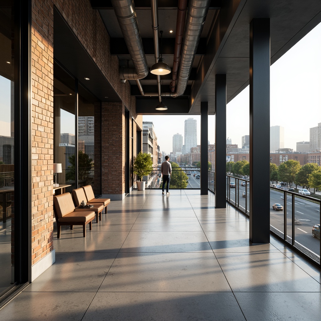 Prompt: Polished concrete floors, exposed brick walls, metallic cladding, glass facades, wooden accents, industrial pipes, minimalist decor, sleek lines, modern urban landscape, city skyscrapers, busy streets, natural light, soft shadows, 1/1 composition, realistic reflections, ambient occlusion.